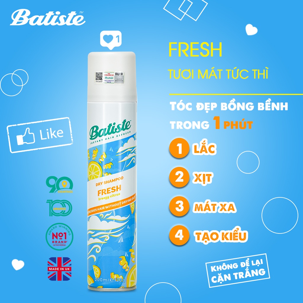 Combo 2 Chai Dầu Gội Khô Batiste 200ML Giúp Tóc Hết Bết Dính Tươi Mát Tức Thì (Original&Fresh 200ml)