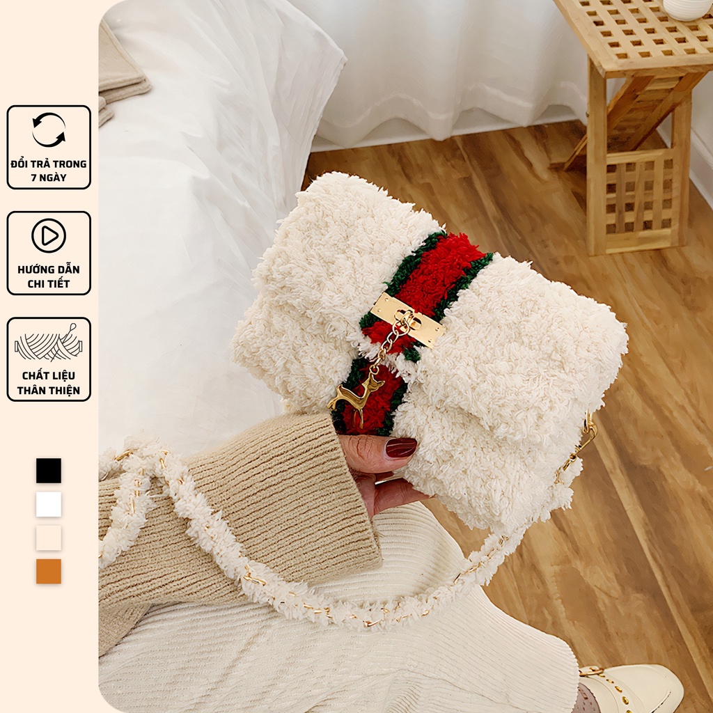 Túi len tự đan, túi đeo chéo len xù phối sọc đỏ thời trang sang trọng - Bộ phụ kiện đầy đủ LX206