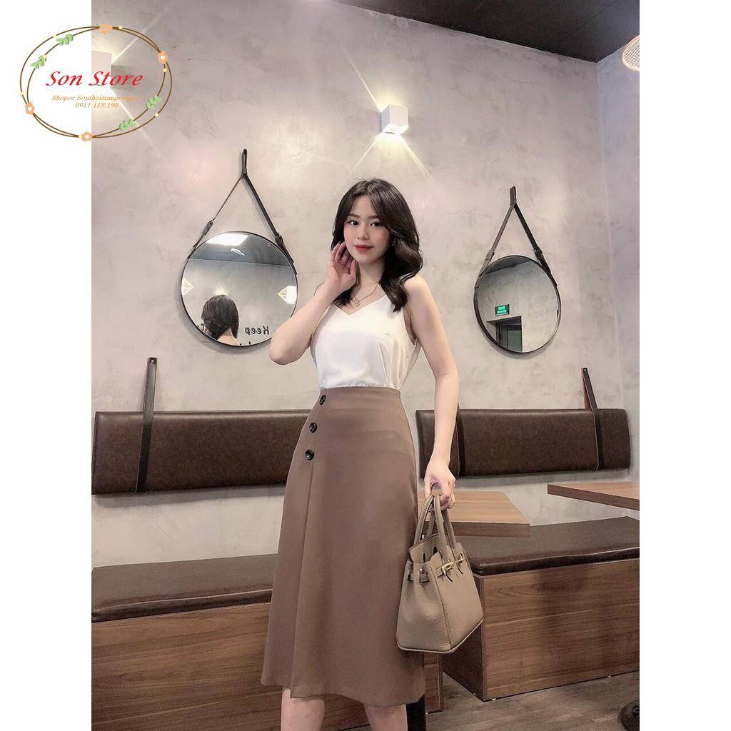 Chân váy midi công sở phối cúc xếp ly dài qua gối | BigBuy360 - bigbuy360.vn
