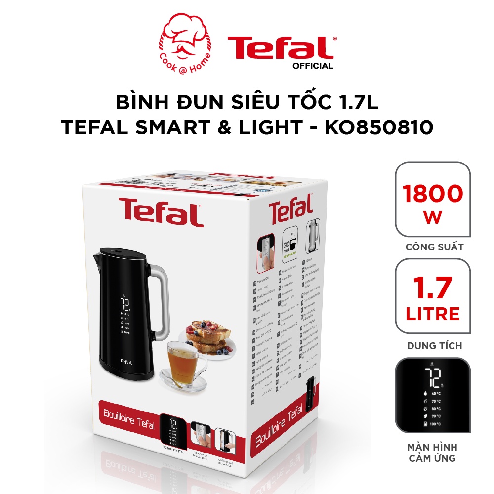 [Mã BMBAU200 giảm 7% đơn 699K] Bình đun siêu tốc Tefal Smart &amp; Light KO850810 - 1.7L, 1800W