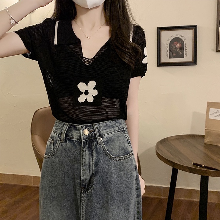 Áo thun polo NZN dệt kim tay ngắn phong cách retro thời trang dành cho nữ