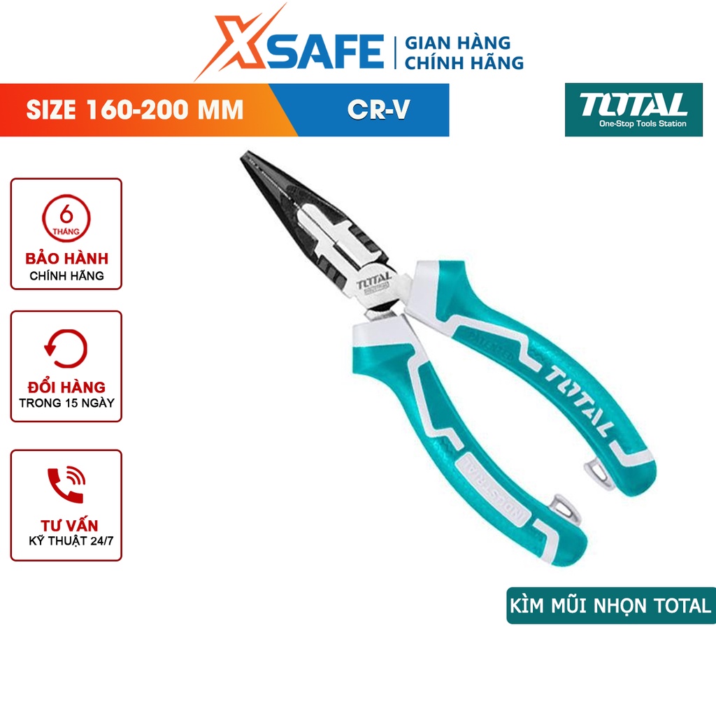 Kìm mũi nhọn mỏ dài cao cấp TOTAL Kềm bấm 2 kích thước 6-8 inch, chất liệu bằng thép CR-V, đen bóng, tiết kiệm 30% sức