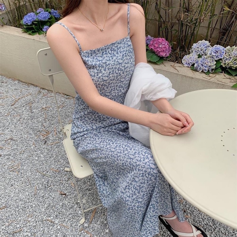 Đầm Lửng Hai Dây In Họa Tiết Hoa Phong Cách Cổ Điển Dành Cho Nữ