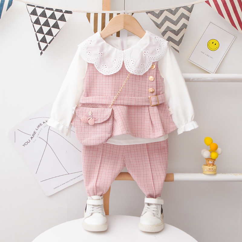 Set Áo Sơ Mi Trắng Tay Dài + Túi Đeo Chéo + Quần Short Thiết Kế Mới Thời Trang Mùa Thu Dành Cho Bé Gái 0-6 Tuổi
