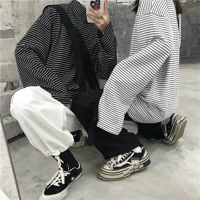 Áo thun cổ lọ ống rộng kẻ sọc ullzang dài tay, áo sweater unisex dài tay nam nữ thời trang