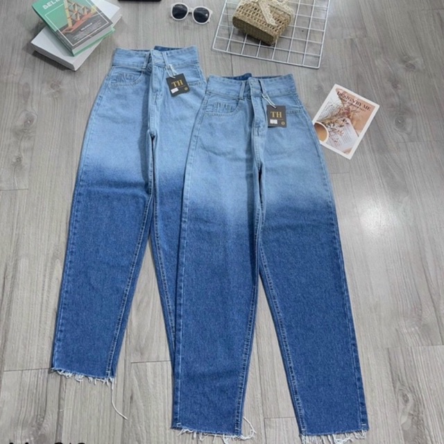 Baggy Jeans Lưng Cao 2 Nút Loan Màu Tua Lai