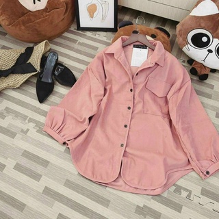  Áo Sơ Mi Form Rộng Unisex Cá Tính Áo Khoác Nhung Mịn Vạt Bầu Form 40_60kg 