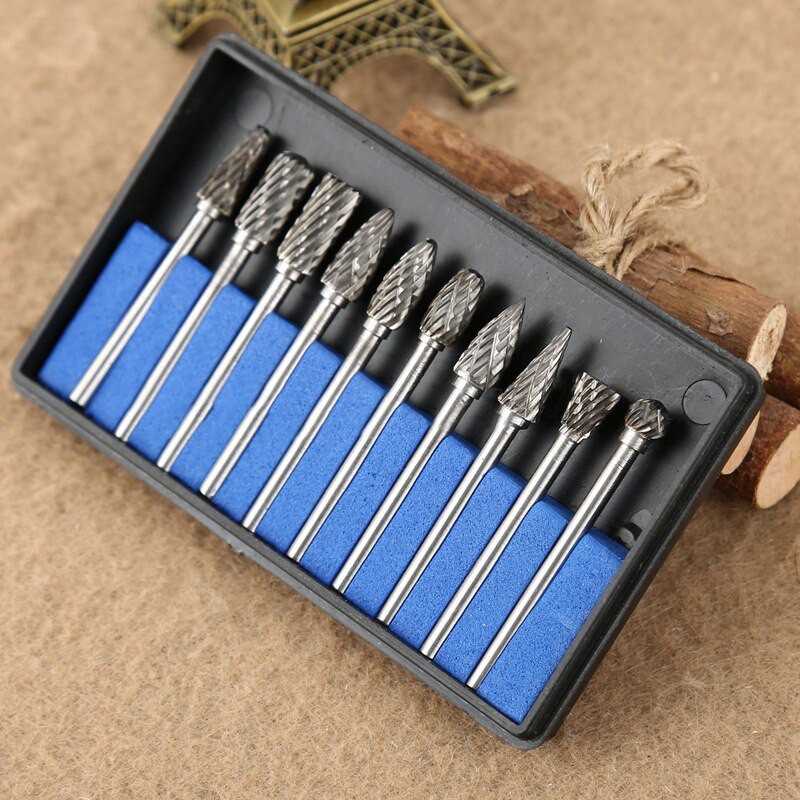 10Pcs/set Tungsten Steel Drill Bits for Wood Metal Carbide Burrs Die Grinder Power Rotary Tool with Case