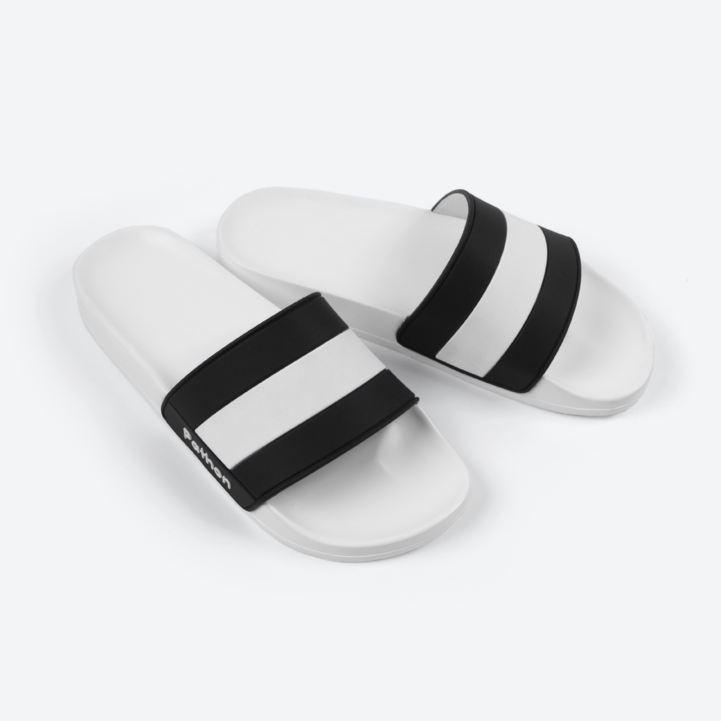 Dép nam nữ quai ngang slipper Pathon quai PVC và đế PU trắng quai sọc trắng đen lớn SD39
