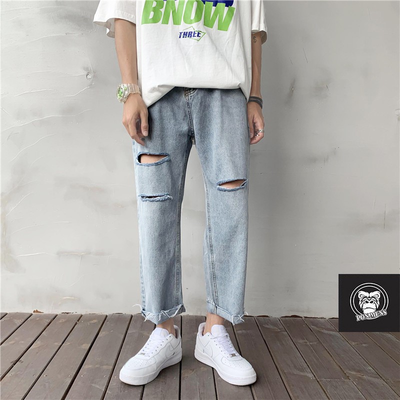 Quần bò baggy nam nữ ống rộng rách gối mới t25 2021 Pon.mens | BigBuy360 - bigbuy360.vn