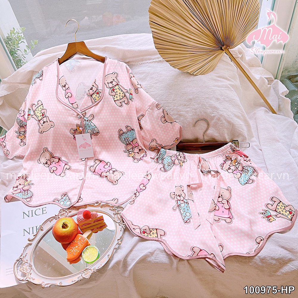 Bộ Đồ Ngủ Pyjama MAI SLEEPWEAR Lụa Mặc Nhà Áo Tay Ngắn Quần Ngắn Chấm Bi Gấu Phối Viền Trẻ Trung Cao Cấp MS975