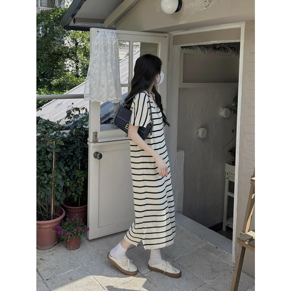 Đầm Kẻ Sọc Ngắn Tay Phong Cách Hàn Quốc Đơn Giản 62401
