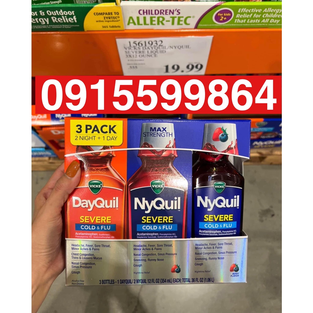 Siro Vicks DayQuil & NyQuil Cold & Flu - Set 03 chai x 354 ml Hàng Mỹ DATE