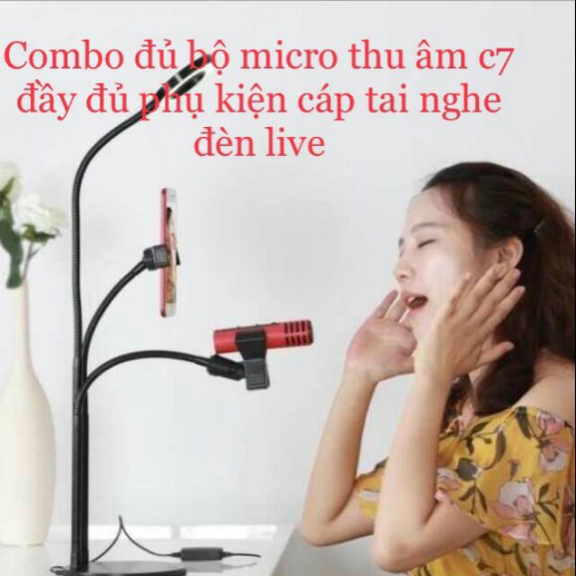 [Combo] Bộ hát karaoke, live tream trên điện thoại ( Chân đế kẹp mic 3in1 có đèn Led + Micro C7) 2 món