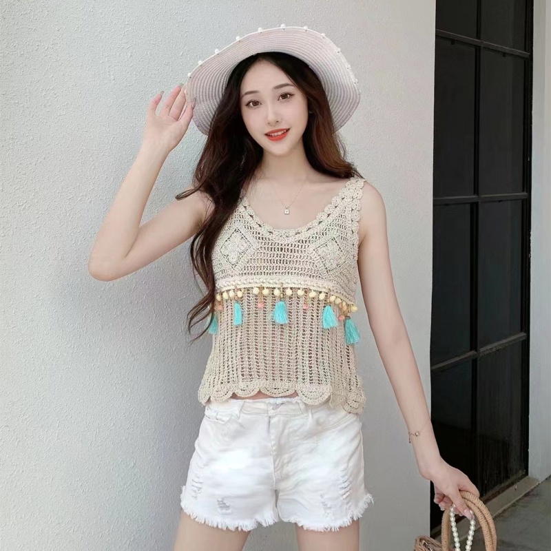 Áo Dệt Kim Sát Nách Hở Cổ Phối Tua Rua Và Bóng Lông Thời Trang Đi Biển Cho Nữ