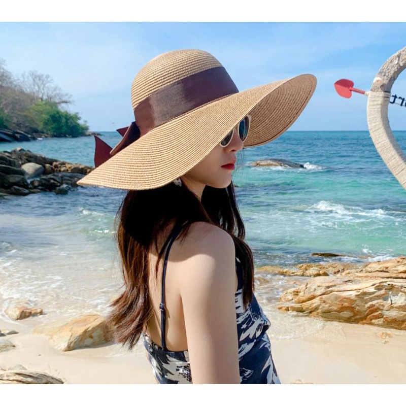 Nón cói đi biển dây nâu mũ rộng vành chống nắng UV kiểu Hàn Quốc mới