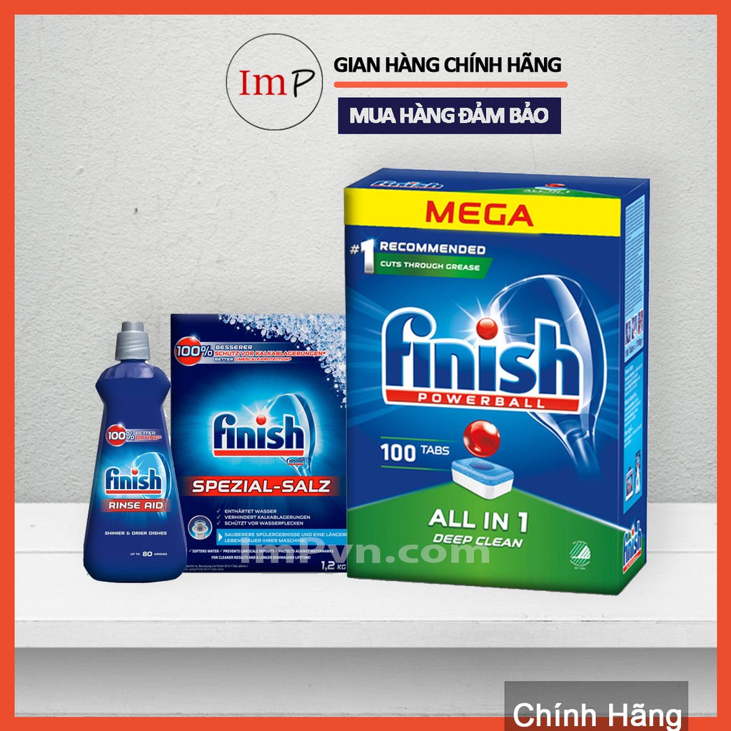 Combo Viên rửa bát Finish Hộp All in one (100 viên hoặc 90 viên), Muối 1.2kg, Nước làm bóng 400ml