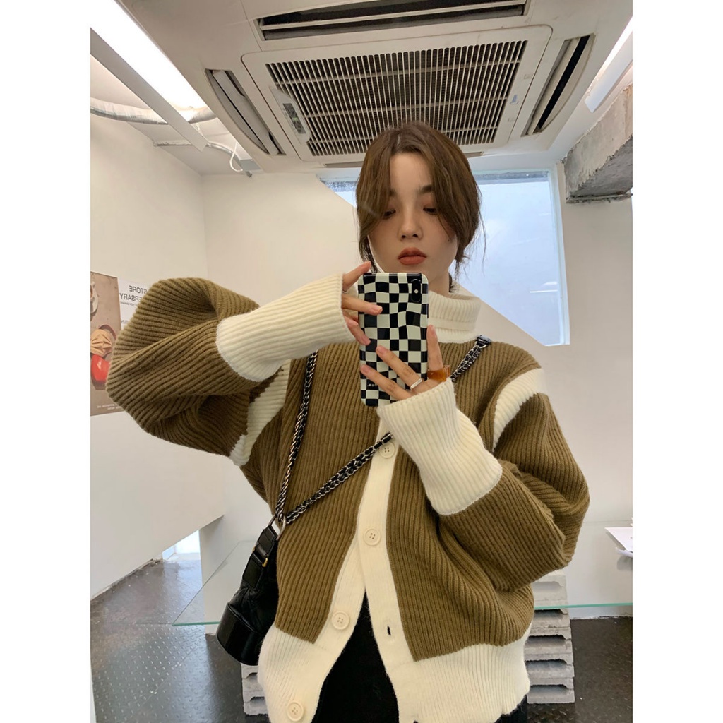 Áo khoác Cardigan dệt kim cổ cao dáng rộng thiết kế thanh lịch thời trang thu đông hàng mới cho nữ