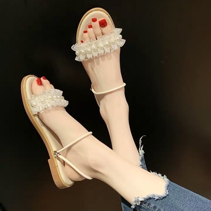 Dép Sandal Mùa Hè Hai Quai Đế Phẳng Phong Cách Thời Trang Hàn Quốc Mới Cho Nữ Sinh