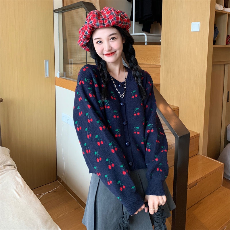 Áo Khoác cardigan Cổ Tròn Dáng Rộng In Hình Quả cherry Thời Trang Mùa Thu Theo Phong Cách Hàn