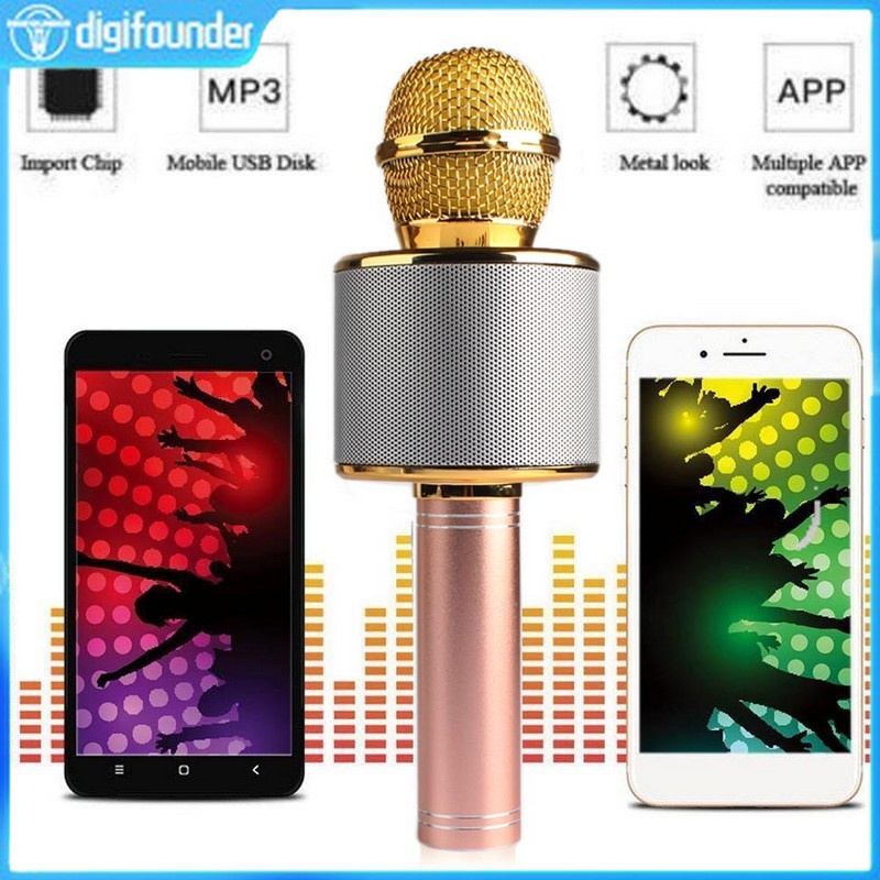 Micro có loa Bluetooth không dây hình tròn âm thanh nổi dùng để hát karaoke
