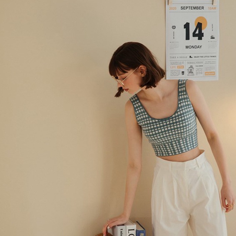 IELGY Áo Dệt Kim Không Tay Cổ Chữ U Họa Tiết Kẻ Sọc Lưng Thắt Nơ Xinh Xắn Cho Nữ