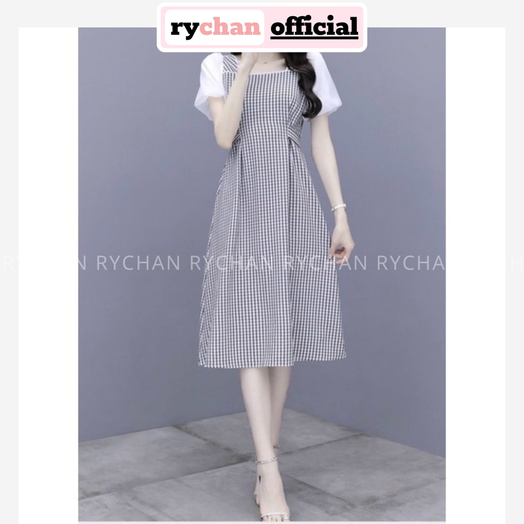 Đầm Nữ Dự Tiệc Họa Tiết Caro Nổi Bật Cổ Vuông Phối Tay Ngắn Trắng Dáng Dài Đi Cafe Thắt Eo Cực Ưa Chuộng - DX9939