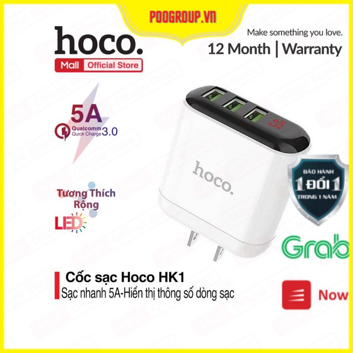 Cốc Sạc Nhanh Chính Hãng Hoco HK1 3USB 5A Có Màn Hình LCD Hiển Thị % Pin Bảo Hành 1 Năm