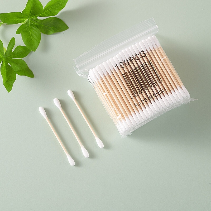 Hộp 30-100 Tăm Bông cotton Hai Đầu Thân Gỗ Dùng Cho Trang Điểm Em Bé