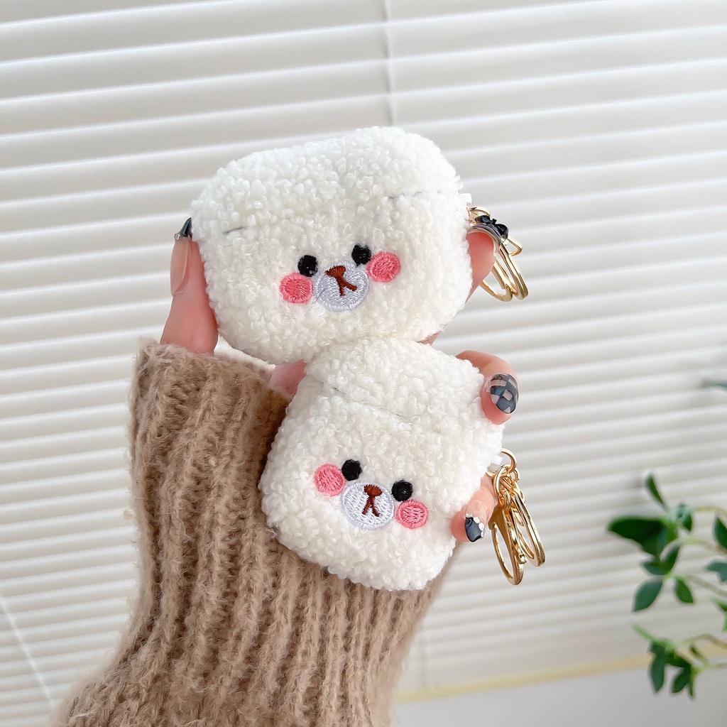 Vỏ Bảo Vệ Hộp Sạc Tai Nghe AirPods3 Gen 2021 / AirPods3 Bằng Vải Bông Hình Gấu Trắng Dễ Thương Có Vòng Nhẫn Kim Loại Ốp