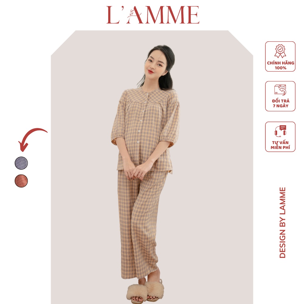 Bộ bầu mặc nhà Jia họa tiết caro cùng chất Đũi hàn, có chun rút điều chỉnh bụng by LAMME