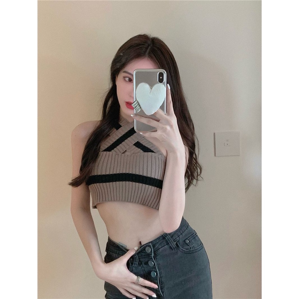 Áo Croptop Dệt Kim Cổ Chữ V Kẻ Sọc Caro Phong Cách Âu Mỹ Quyến Rũ Cho Nữ