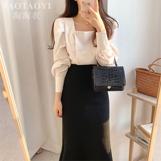 -❣️FREESHIP❣️ÁO CỔ VUÔNG PHỐI NÚT TAY XÊP LY CHẤT TƠ GÂN