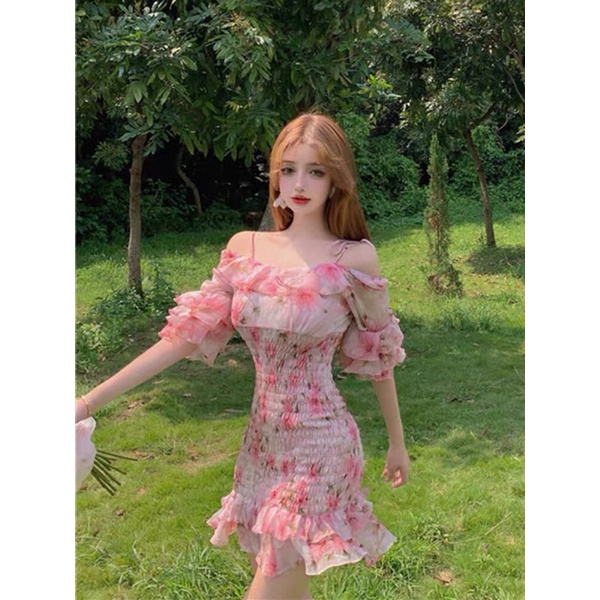 (ORDER.buiny)Váy bánh bèo ulzzang tiểu thư trễ vai chân xoè đuôi cá Hoạ Tiết hoa nhí ôm body | BigBuy360 - bigbuy360.vn