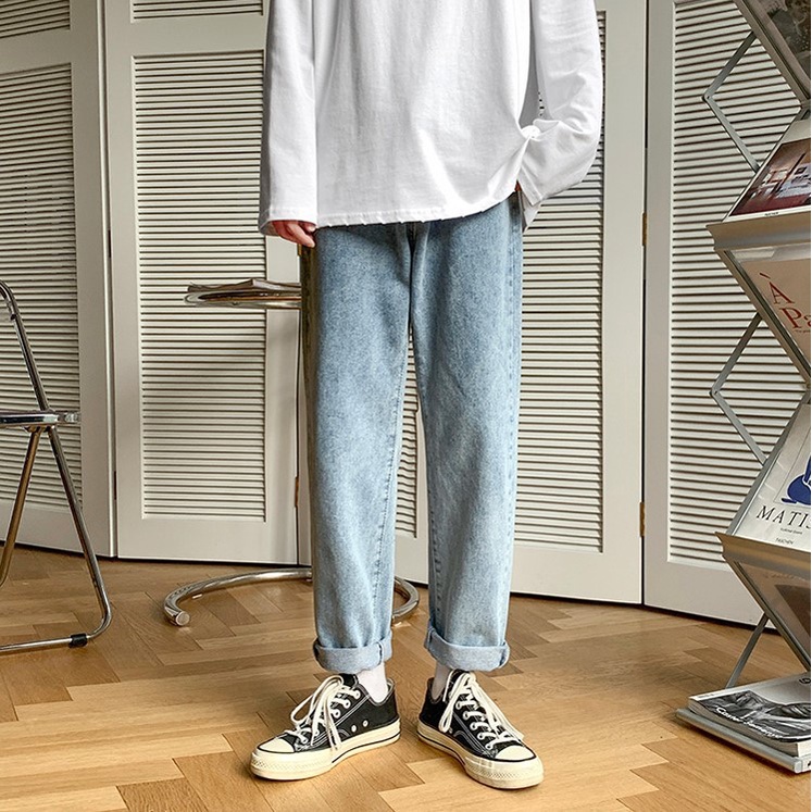Quần jean baggy xanh nam, nữ ống rộng, dáng suông, không phai màu-A02