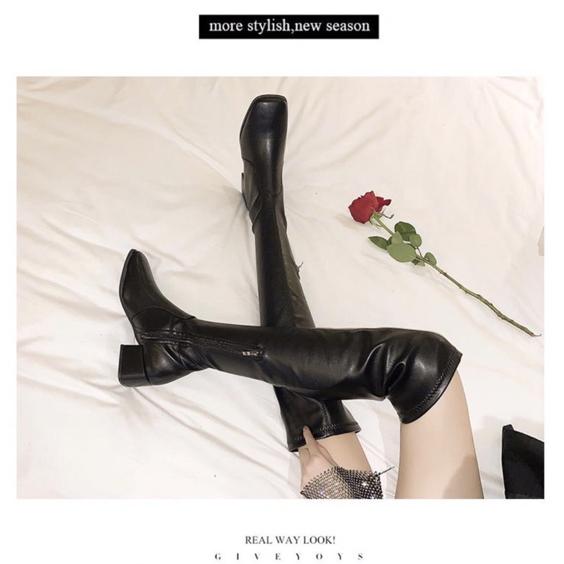 Bốt đùi🥰 boot da ÔM CHÂN KHÔNG TỤT / mõm vuông 😃 giày da trắng độn đế