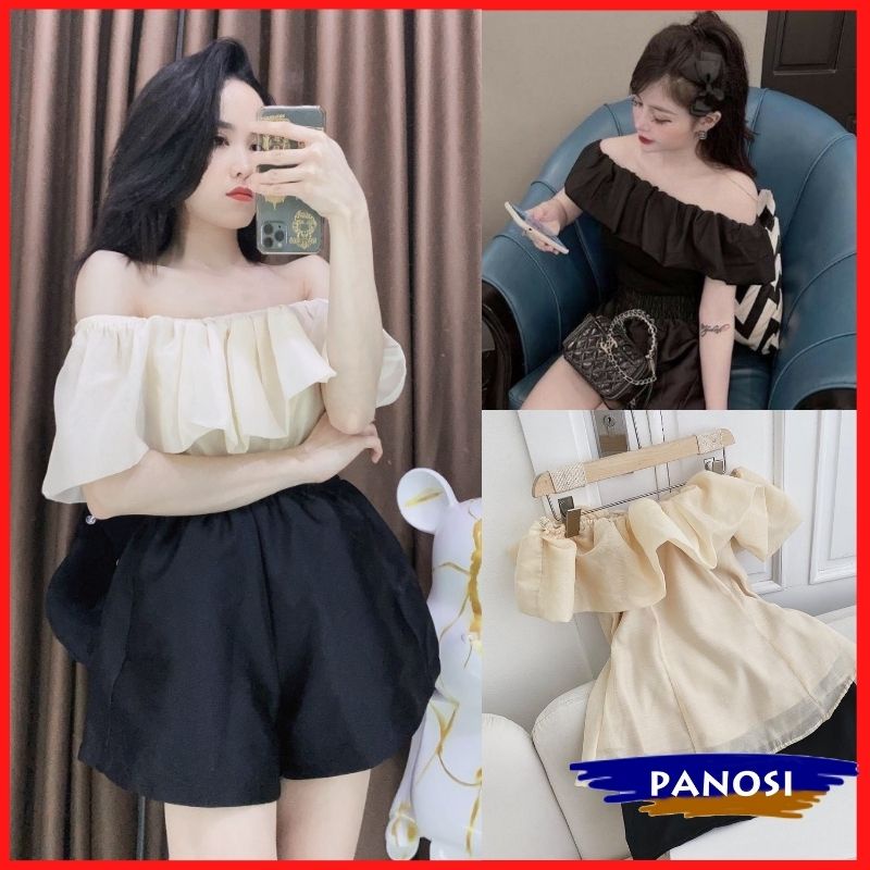 Áo kiểu nữ áo trễ vai ngắn tay áo bánh bèo sang chảnh chất tơ 2 lớp PANOSI - Mã A666