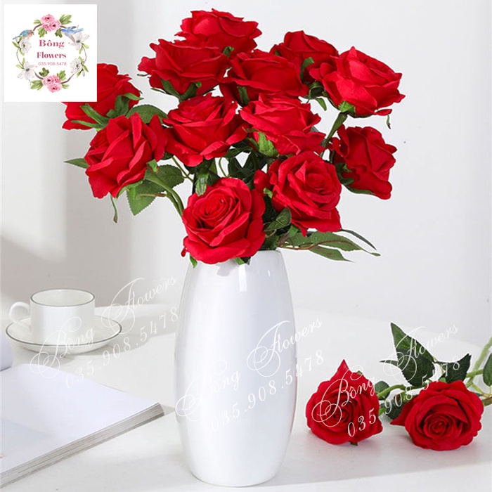 Hoa Hồng Nhung Giả bông to cành dài 70cm đường kính bông 10cm chất liệu nỉ nhung -  HÀNG CAO CẤP