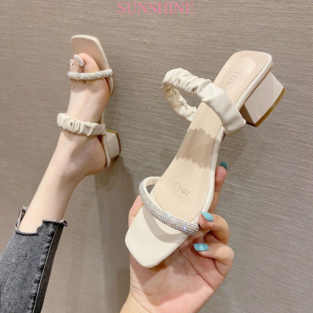 Sandal đế vuông, dép cao gót đế vuông quai đính đá Sunshine_Store A004