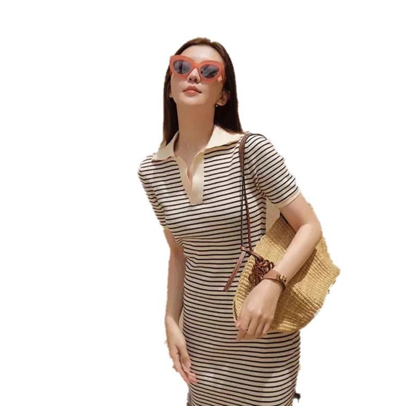 Đầm dệt kim IELGY tay ngắn cổ polo in kẻ sọc sành điệu cho nữ