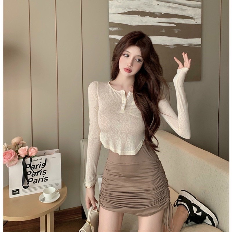 Set bộ chân váy rút dây 2 bên kèm áo tay dài vạt bầu ôm body chất thun borip cao cấp - T5N