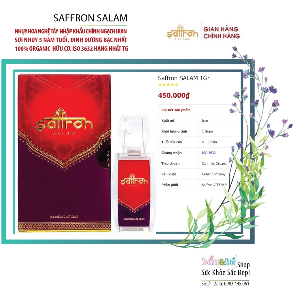 [HSD: 3/2023] Saffron Nhụy Hoa Nghệ Tây Hữu Cơ Trà Ngủ Ngon SAFFRON SALAM ISO 3632 Dinh Dưỡng Loại 1 Crocin Cao 1gr