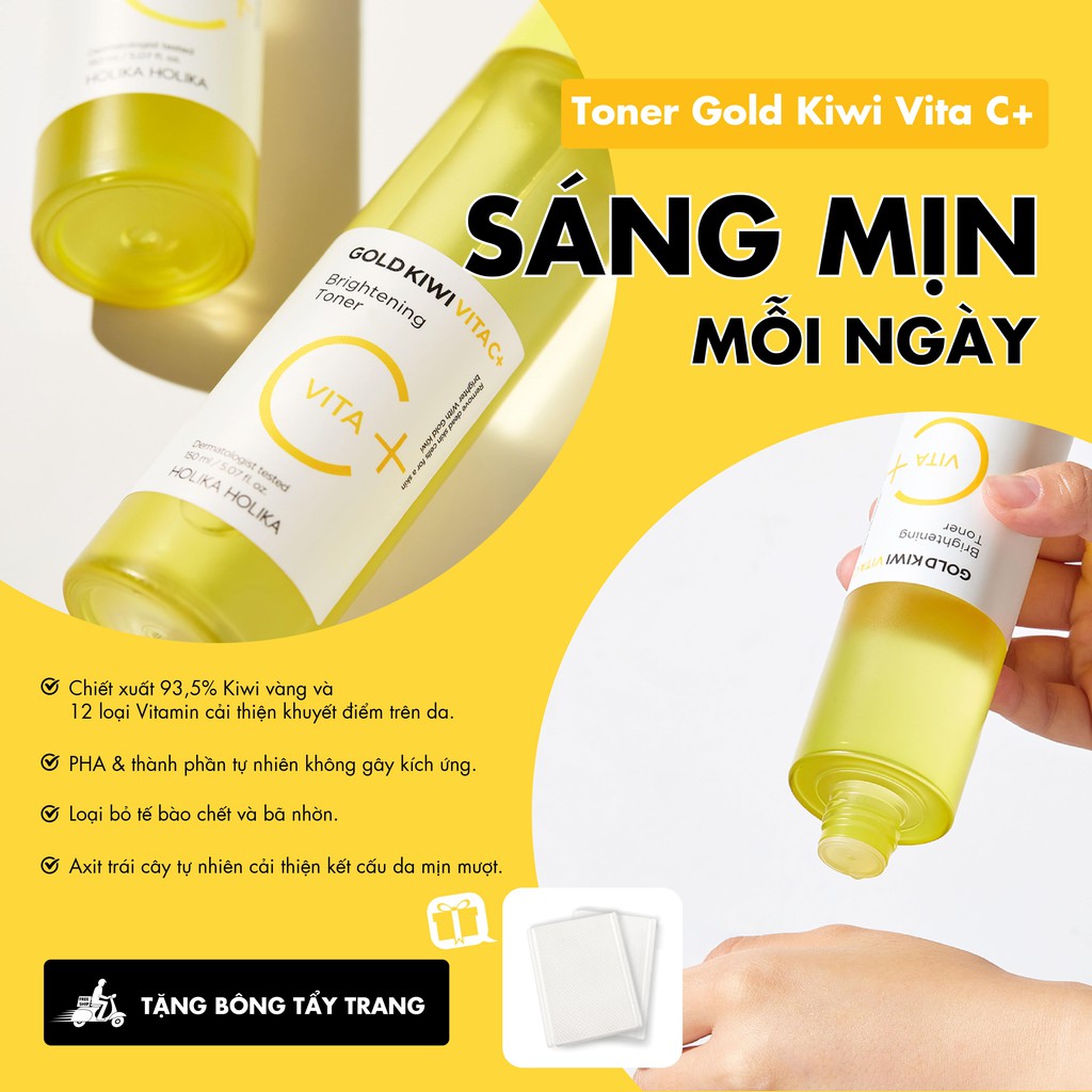 Nước hoa hồng làm trắng da Hàn Quốc Holika Holika Gold Kiwi tái tạo da giảm thâm nám hiệu quả nâng tone toàn diện 150ml