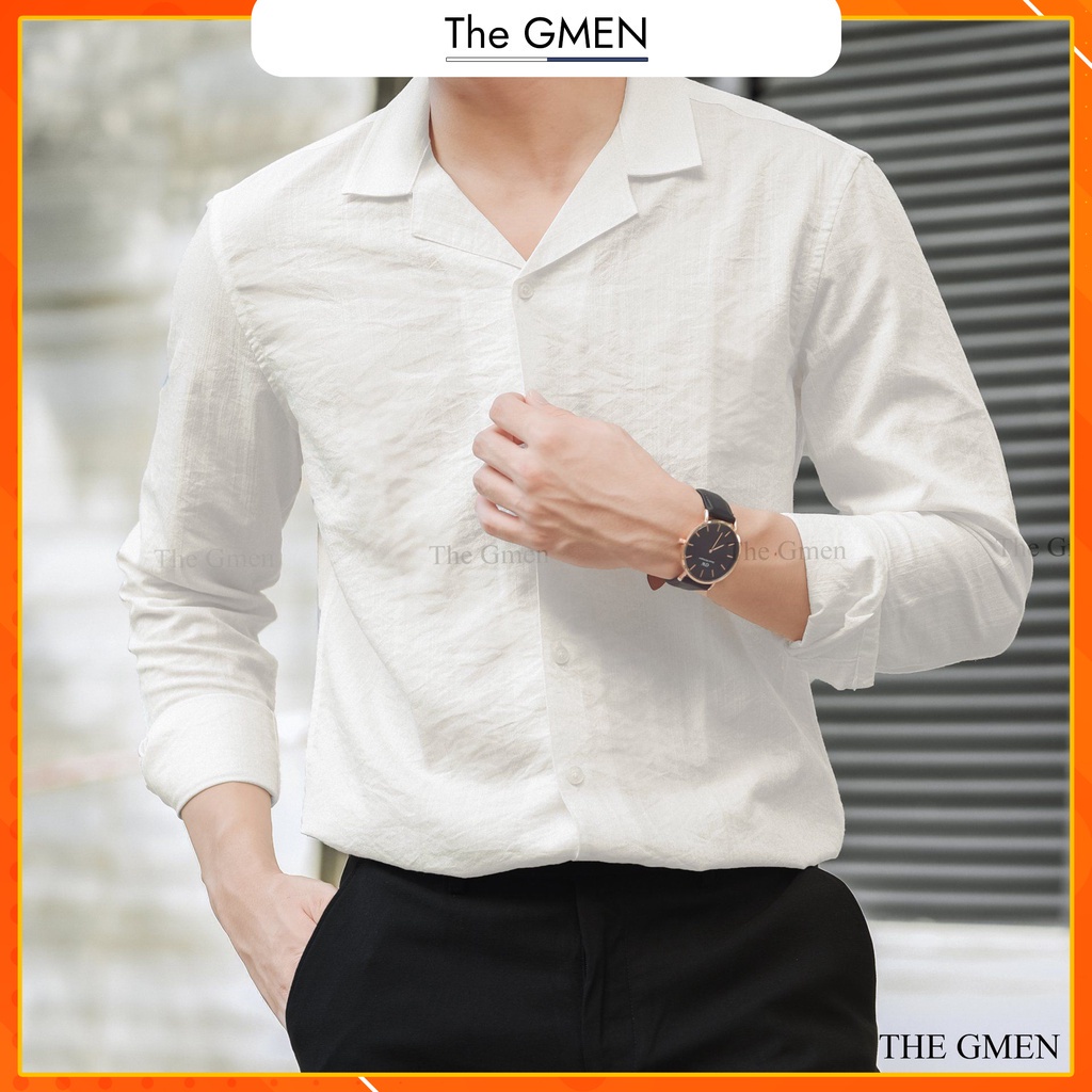 Áo sơ mi nam Cuban Collar dài tay THE GMEN thiết kế cổ vest, chất vải linen mềm mại