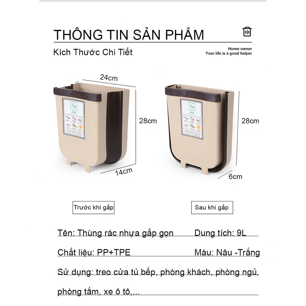 Thùng Rác Nhựa Gấp Gọn Thông Minh Treo Cửa Tủ Bếp Loại To