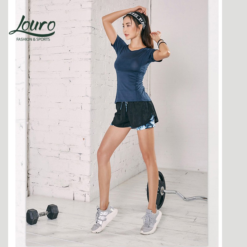 Bộ đồ tập gym nữ Louro SE22, kiểu đồ tập gym nữ cộc, quần short, áo bra, áo lưới - sét 3 món
