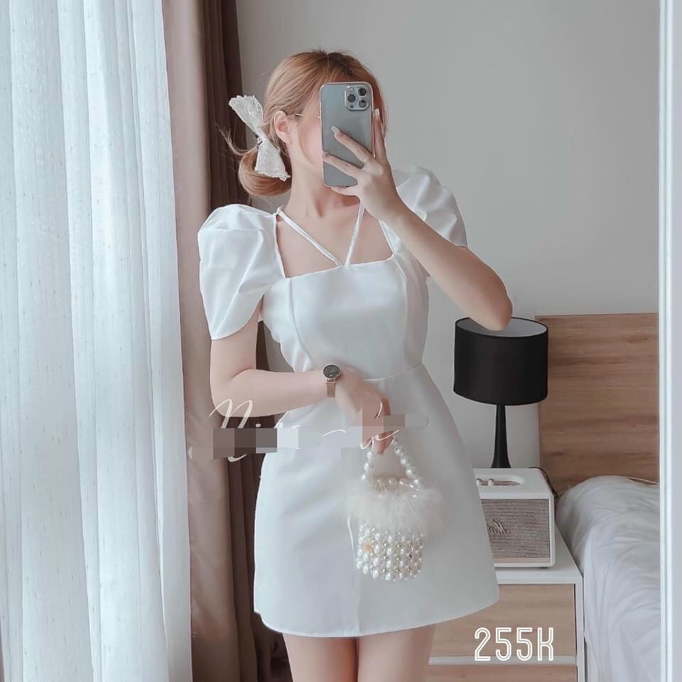 Váy đầm nữ dáng suông tay phồng cổ vuông cột nơ (có mút)