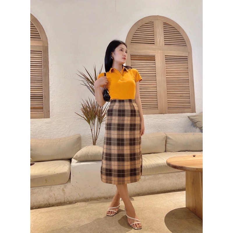 [ẢNH THẬT] Set áo thun cổ trụ + Chân váy caro màu siêu Tây | BigBuy360 - bigbuy360.vn