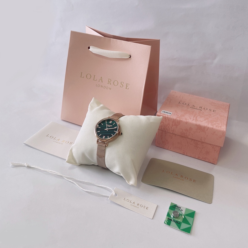 Đồng hồ nữ dây kim loại Lolarose mặt tròn 30mm đá bảo thạch malachite cao cấp sang trọng LR4070