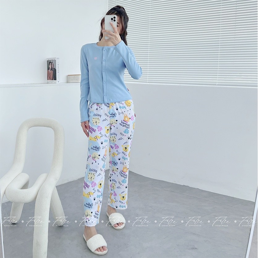 Folie Homewear -  Set đồ bộ mặc nhà tay dài thun gân cotton quần dài lụa tằm ý FLA4Q3
